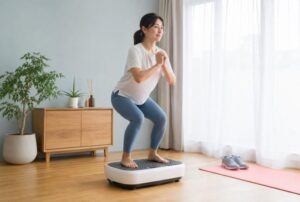 自宅で振動マシンを使う女性