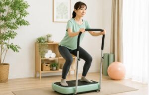振動マシンの上で軽いスクワットをする女性