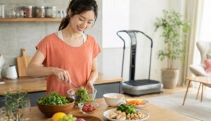 振動マシンとバランスのよい食事を取り入れる女性
